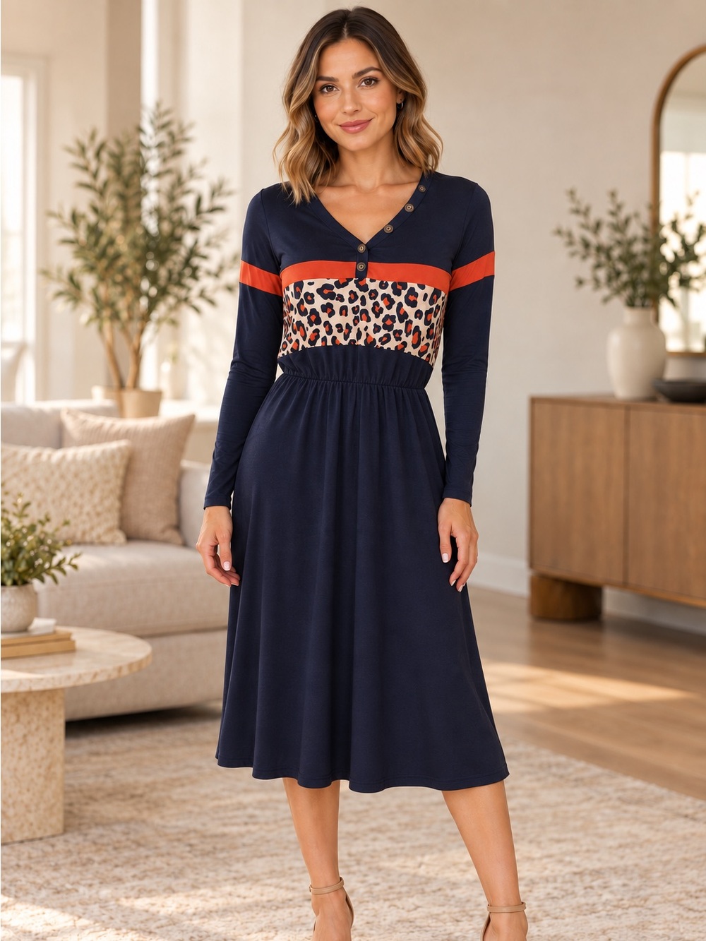 SHEIN Navy Leopard Print Long Sleeve Midi Dress Size M